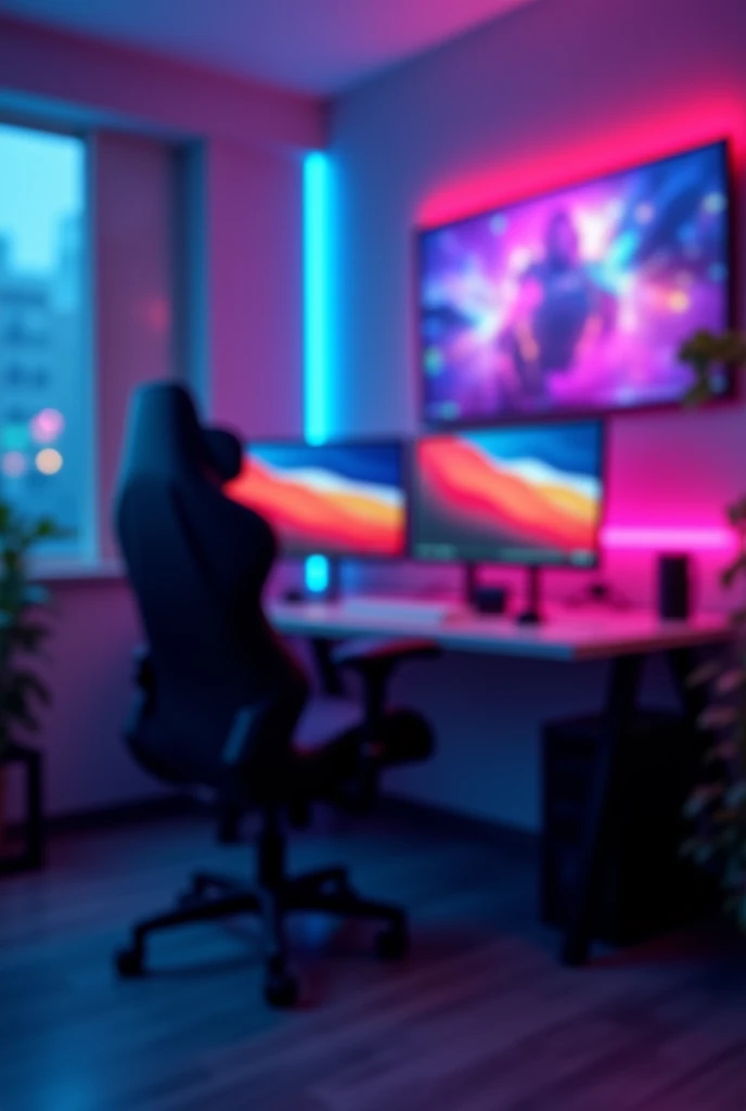 A vibrant and dynamic blurred background for reaction videos on YouTube and Facebook, Inspired by the streaming setups of popular creators like Ibai and Mariana. The background should include a mix of neon lights, Subtle LED glow effects and modern gaming or tech-related decor. Although elements such as a stylish gaming chair, A dual monitor setup displaying colorful abstract patterns, and soft ambient lighting are present, They must be out of focus so as not to distract the viewer.. Colors should be a combination of deep blues, purples and touches of red or pink, creating a cool and immersive atmosphere, keeping the focus on the main content while the background adds a touch of energy and atmosphere