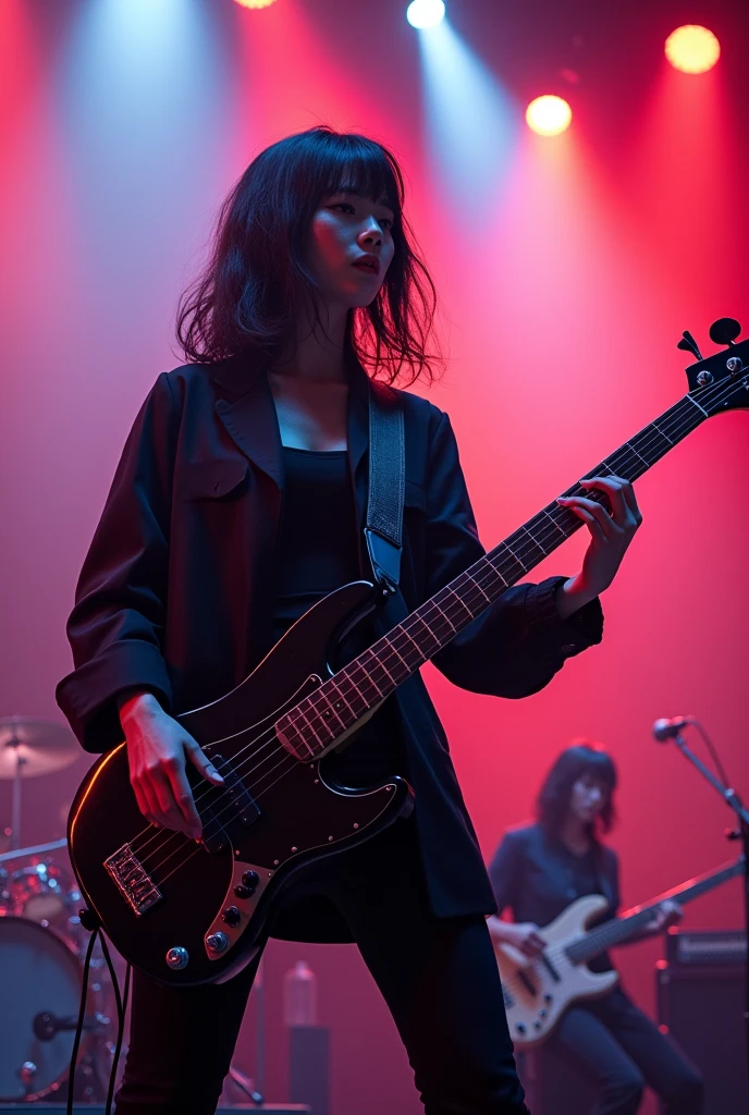 beautiful japanese girl bassist in a female only rock band, realistic live performance, high quality cinematic live footage, intricate details, dynamic lighting, dramatic angles, vivid colors, cinematic composition, hyperrealistic, masterful 4k rendering, photorealistic, dramatic lighting, striking expressions, complex stage setup, immersive atmosphere