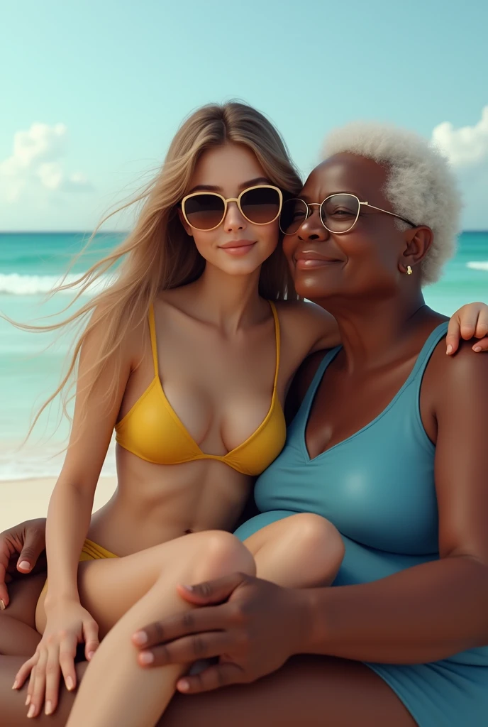 Create a photo of a 30 year old young woman, with long light brown hair with strands of hair on the face, slender and beautiful body, wearing sunglasses, wearing a yellow bikini, with white and clear skin, sitting on the lap of an elderly black lady's legs, dark-skinned, obese, did, with short hair who is wearing a blue swimsuit and glasses