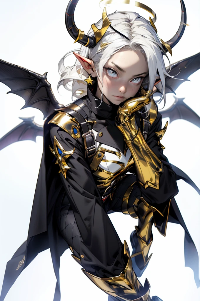 type character design, full body image with white background. very beautiful devil elf woman with white wavy hair, golden eyes that have pupils shaped like four-pointed stars, 6 white wings on top, Black devil horns and a large halo in between.devil tail adorned with gold and small halos, wearing a skirt with golden full body armor, golden boots, gold edged cape.