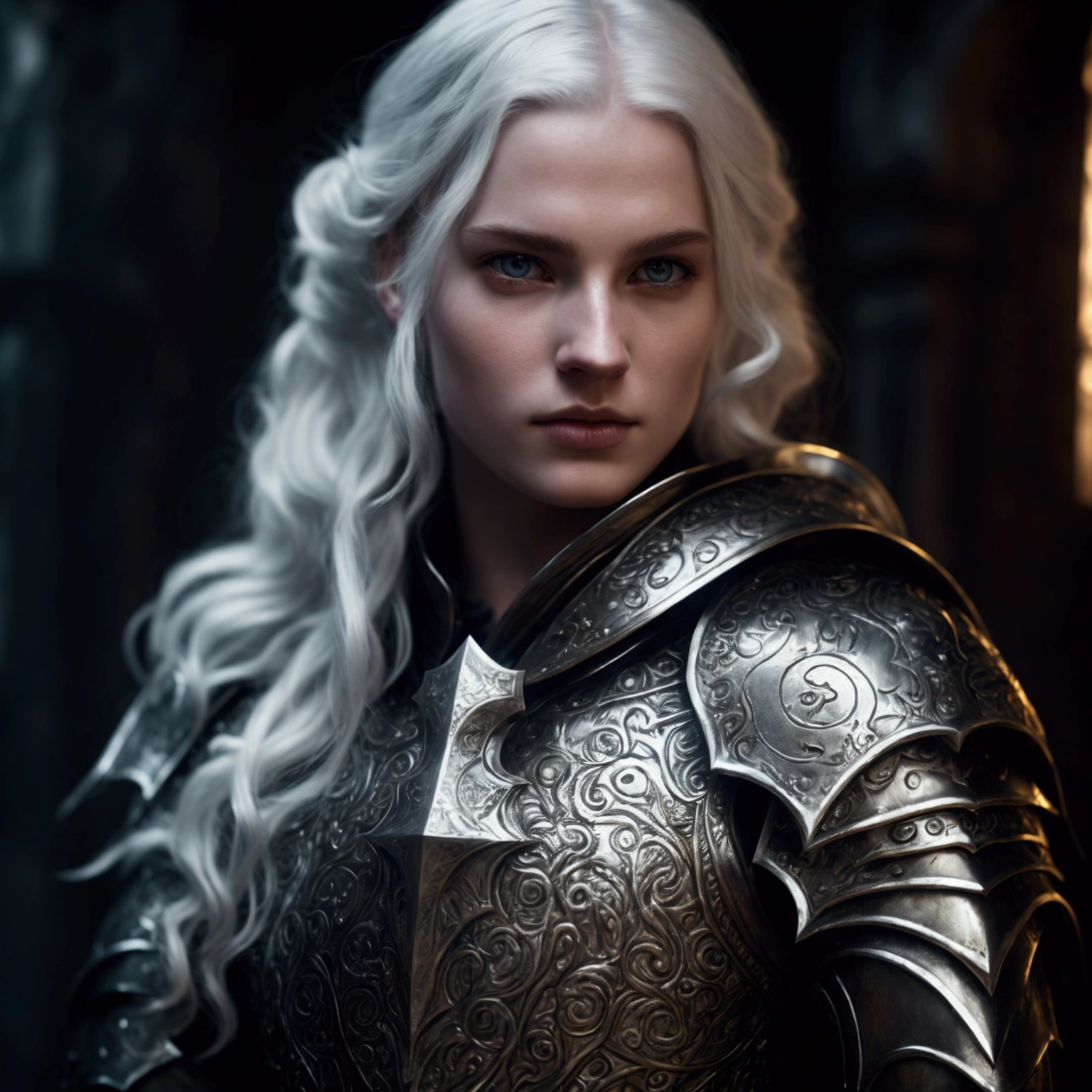 a heroic aasimar paladin, long flowing silver hair, pale skin, armor and shield, holy champion, pathfinder style, piercing eyes, cinematic lighting, highly detailed, 8k, masterpiece, art