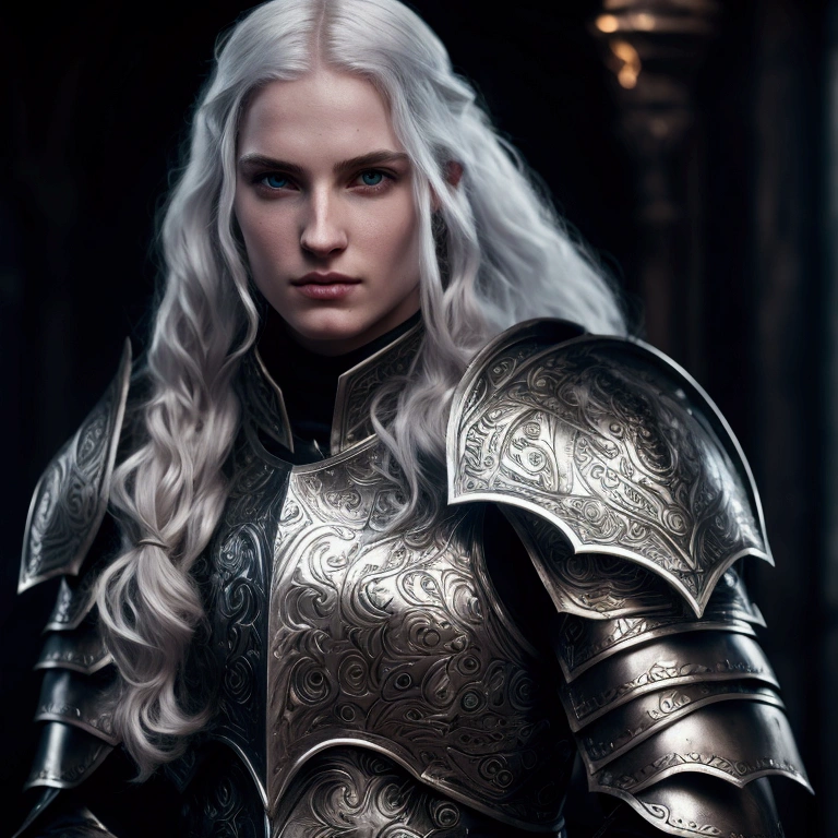 a heroic aasimar paladin, long flowing silver hair, pale skin, armor and shield, holy champion, pathfinder style, piercing eyes, cinematic lighting, highly detailed, 8k, masterpiece, art