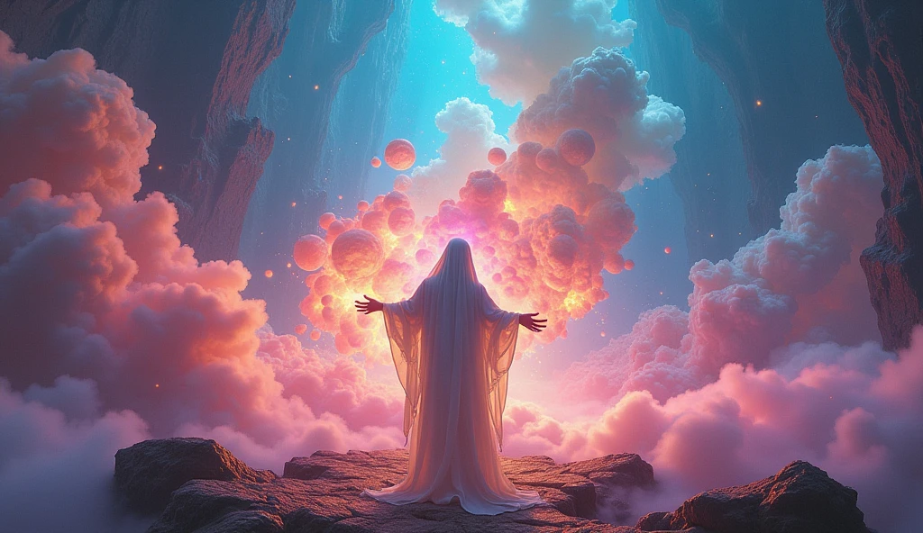 1. "A vast dreamscape where a figure is sculpting reality with their hands, pulling shapes and colors from a glowing mist. The scene is vibrant and filled with swirling, ethereal light, representing the power of imagination to create and manifest. The atmosphere is one of limitless potential and creativity."