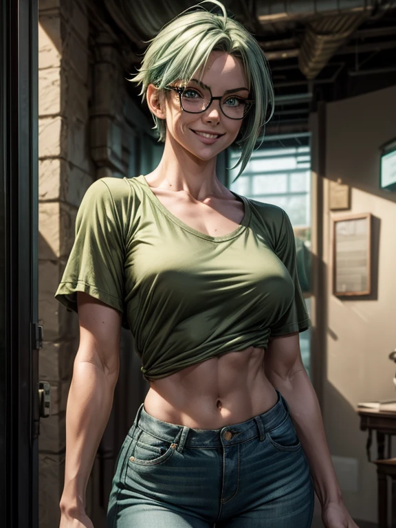 Masterpiece, best quality, 1girl, solo, 2, adult, teal and green hair, messy hair, asymmetrical hair, ahoge, very short hair, aqua eyes, medium breasts, toned, 167cm, pale skin, glasses, grin, olive green shirt, jeans, midriff peek,