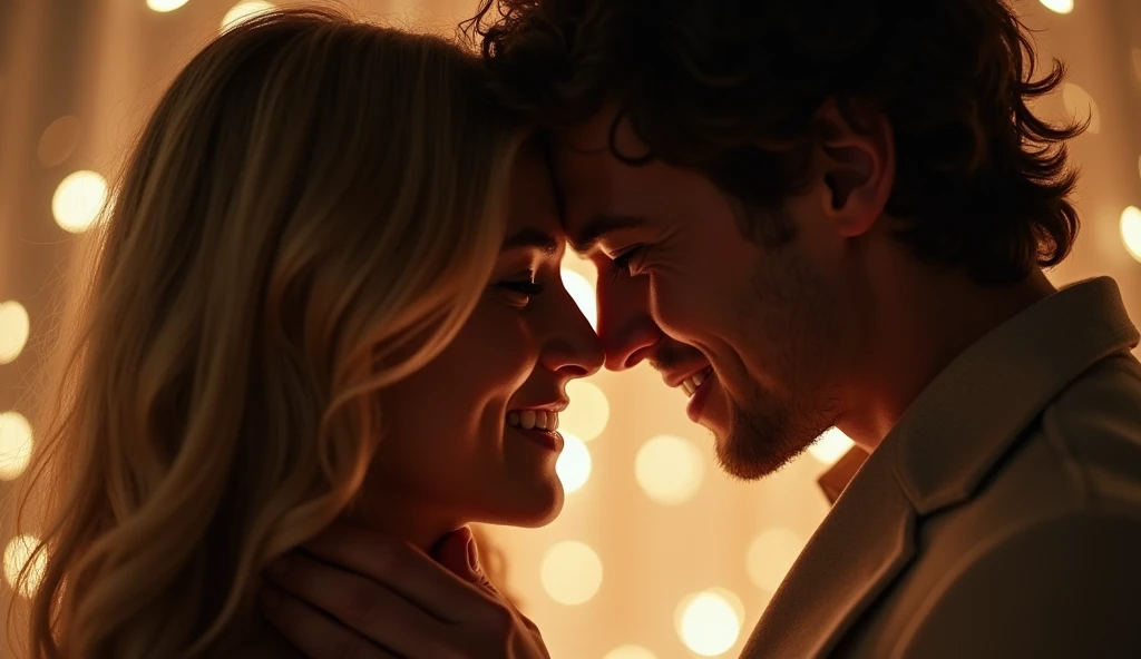 A close-up of the couple holding each other, with tears of joy in their eyes. The background is blurred with soft, glowing lights, emphasizing the emotional intensity of the moment.
