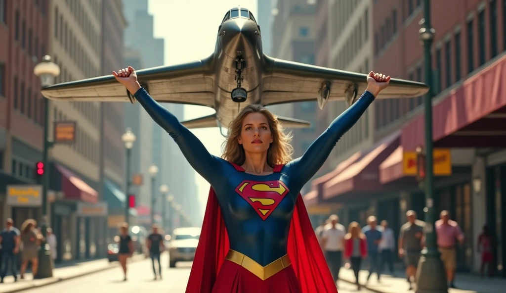 (((very sexy beautiful and strong old Supergirl (((1984s costume))) Julie Hagerty))) Super old woman Julie Hagerty; confident, powerful, indestructible, attractive; big and firm chest; strong breasts, confident and powerful, with an attractive and indestructible physique, large and firm breasts, effortlessly lifting a fighter plane on the street, fighter plane raised above your head, highly detailed, photorealistic, 8k, HDR, cinematic lighting, fantasy, DC comics
