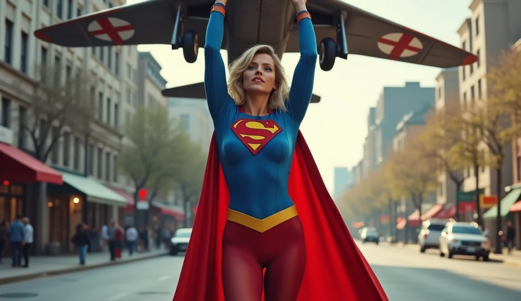 (((very sexy beautiful and strong old Supergirl (((1984s costume))) Julie Hagerty))) Super old woman Julie Hagerty; confident, powerful, indestructible, attractive; big and firm chest; strong breasts, confident and powerful, with an attractive and indestructible physique, large and firm breasts, effortlessly lifting a fighter plane on the street, fighter plane raised above your head, highly detailed, photorealistic, 8k, HDR, cinematic lighting, fantasy, DC comics