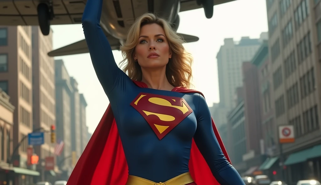 (((very  beautiful and strong old Supergirl (((1984s costume))) Julie Hagerty))) Super old woman Julie Hagerty; confident, powerful, indestructible, attractive; big and firm ; strong , confident and powerful, with an attractive and indestructible physique, large and firm , effortlessly lifting a fighter plane on the street, fighter plane raised above your head, highly detailed, photorealistic, 8k, HDR, cinematic lighting, fantasy, DC comics