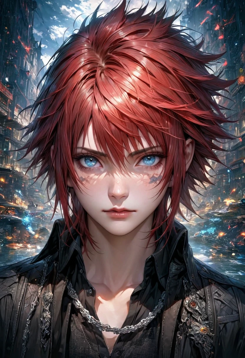 {{FULL BODY }}{RED HAIR}absurdres, highres, ultra detailed, HDR, master piece, best quality, extremely detailed face and eyes, perfect face, PERFECT SKIN, realistic face, beautiful eyes, Noctis Lucis Caelum, Red hair, expressive blue eyes, Final Fantasy xv, black jacket, black shirt, patterns, solo, man, handsome, BACKGROUD chain.