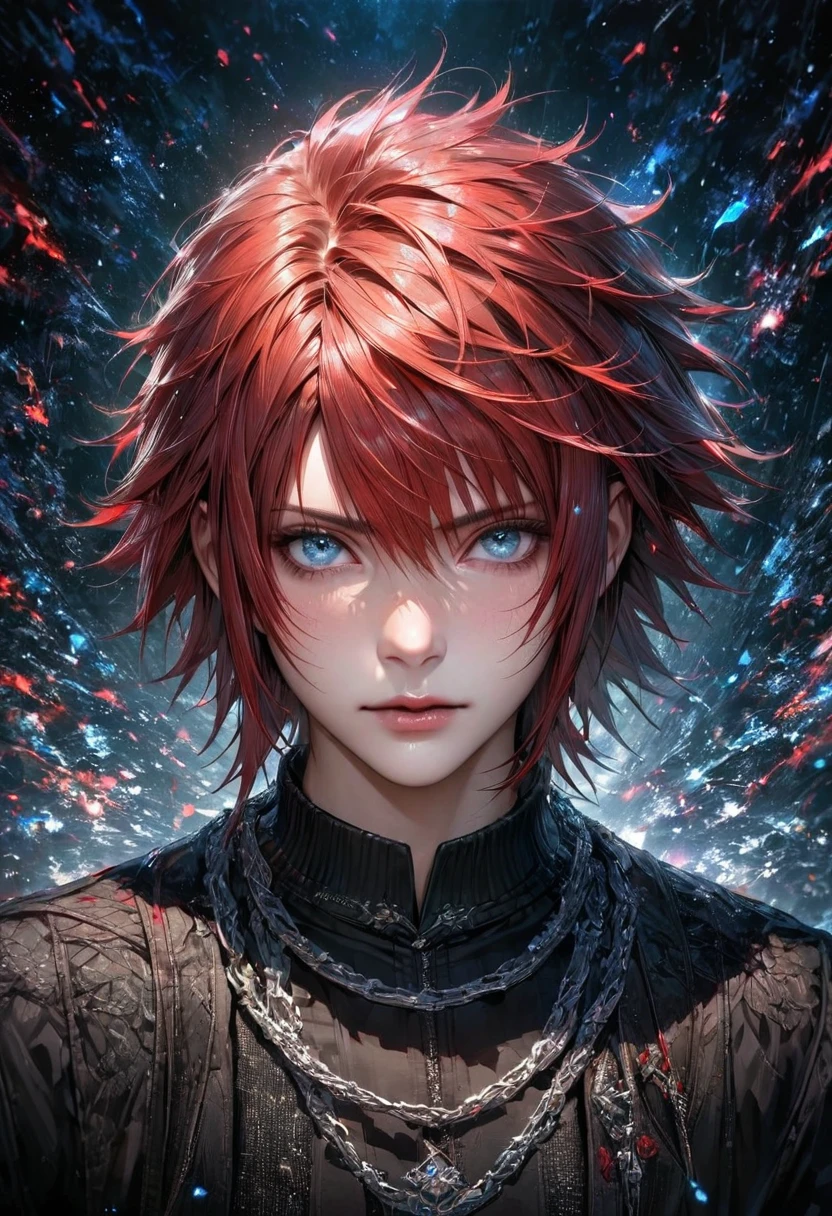 {{FULL BODY }}{RED HAIR}absurdres, highres, ultra detailed, HDR, master piece, best quality, extremely detailed face and eyes, perfect face, PERFECT SKIN, realistic face, beautiful eyes, Noctis Lucis Caelum, Red hair, expressive blue eyes, Final Fantasy xv, black jacket, black shirt, patterns, solo, man, handsome, BACKGROUD chain.