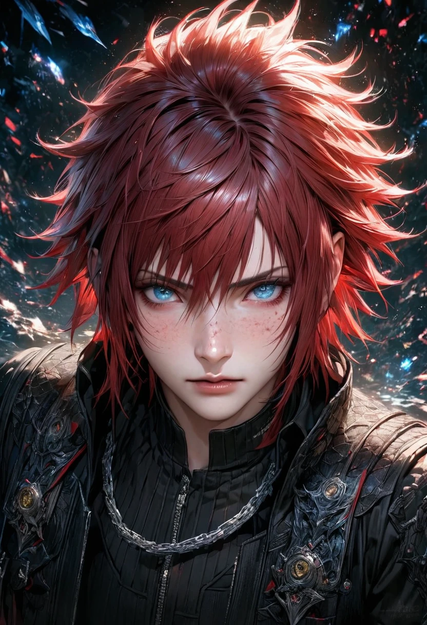 {{FULL BODY }}{RED HAIR}absurdres, highres, ultra detailed, HDR, master piece, best quality, extremely detailed face and eyes, perfect face, PERFECT SKIN, realistic face, beautiful eyes, Noctis Lucis Caelum, Red hair, expressive blue eyes, Final Fantasy xv, black jacket, black shirt, patterns, solo, man, handsome, BACKGROUD chain.