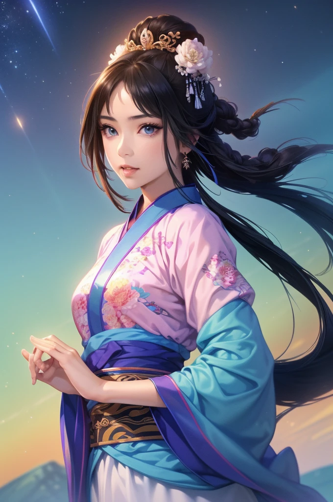 Starry sky landscape、shooting star、Han Dynasty Landscape、Three Kingdoms、(Highest quality,4K,8k,High resolution,masterpiece:1.2)、Very detailed, High resolution,、Hyper HD、Studio Lighting、Ultra-fine painting、 Sharp focus、 Physically Based Rendering、 Very detailed説明、 Professional、 Vibrant colors、Traditional Chinese Painting Techniques、 Atmospheric lighting、 Vivid color contrast、Very detailed目と顔、 Beautiful attention to detail、 Light on the face、Hanfuを着た少女、(Hanfu: 1.1)、Eyes are green、(((1 girl)))、Anatomically correct、Dynamic Pose