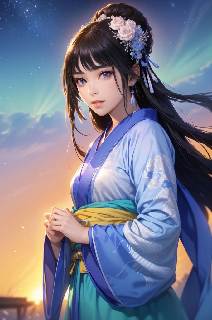 Starry sky landscape、shooting star、Han Dynasty Landscape、Three Kingdoms、(Highest quality,4K,8k,High resolution,masterpiece:1.2)、Very detailed, High resolution,、Hyper HD、Studio Lighting、Ultra-fine painting、 Sharp focus、 Physically Based Rendering、 Very detailed説明、 Professional、 Vibrant colors、Traditional Chinese Painting Techniques、 Atmospheric lighting、 Vivid color contrast、Very detailed目と顔、 Beautiful attention to detail、 Light on the face、Hanfuを着た少女、(Hanfu: 1.1)、Eyes are green、(((1 girl)))、Anatomically correct、Dynamic Pose