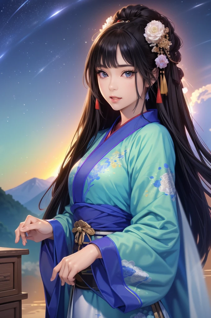 Starry sky landscape、shooting star、Han Dynasty Landscape、Three Kingdoms、(Highest quality,4K,8k,High resolution,masterpiece:1.2)、Very detailed, High resolution,、Hyper HD、Studio Lighting、Ultra-fine painting、 Sharp focus、 Physically Based Rendering、 Very detailed説明、 Professional、 Vibrant colors、Traditional Chinese Painting Techniques、 Atmospheric lighting、 Vivid color contrast、Very detailed目と顔、 Beautiful attention to detail、 Light on the face、Hanfuを着た少女、(Hanfu: 1.1)、Eyes are green、(((1 girl)))、Anatomically correct、Dynamic Pose