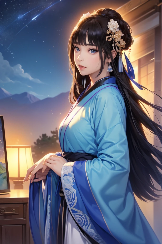 Starry sky landscape、shooting star、Han Dynasty Landscape、Three Kingdoms、(Highest quality,4K,8k,High resolution,masterpiece:1.2)、Very detailed, High resolution,、Hyper HD、Studio Lighting、Ultra-fine painting、 Sharp focus、 Physically Based Rendering、 Very detailed説明、 Professional、 Vibrant colors、Traditional Chinese Painting Techniques、 Atmospheric lighting、 Vivid color contrast、Very detailed目と顔、 Beautiful attention to detail、 Light on the face、Hanfuを着た少女、(Hanfu: 1.1)、Eyes are green、(((1 girl)))、Anatomically correct、Dynamic Pose