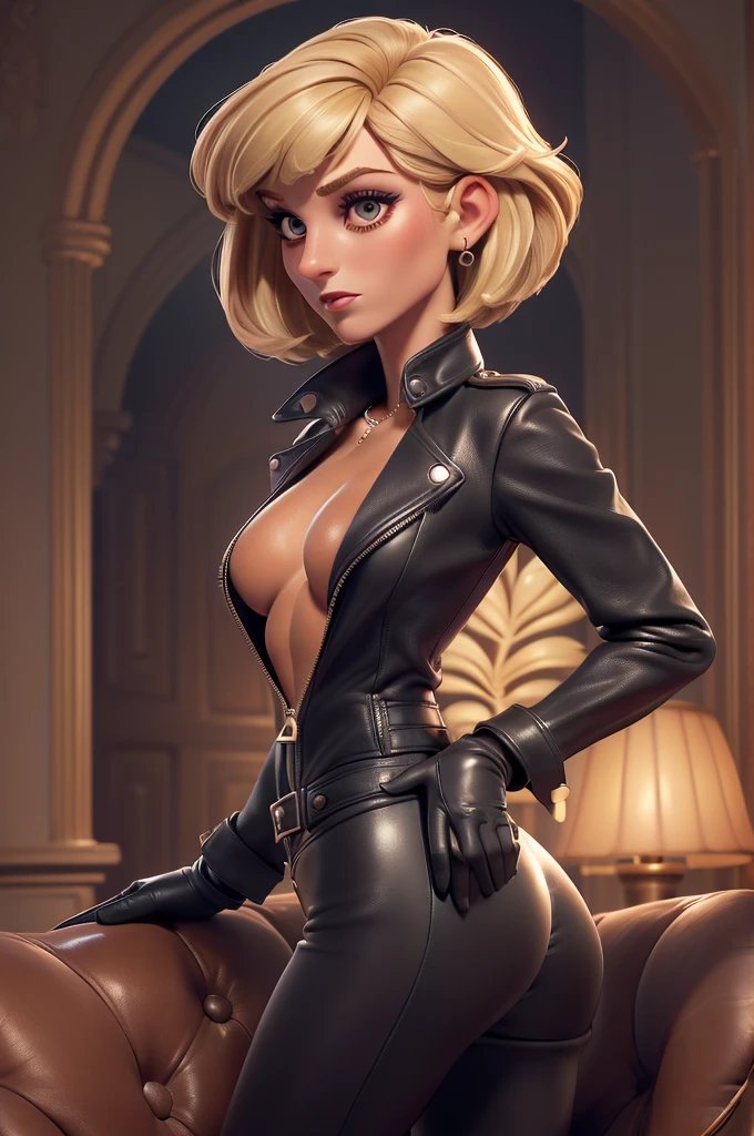 obra prima, melhor qualidade, ((only one woman,)) (((princess diana, dark tan skin, skinny face, high cheekbones, prominent beak nose, heavy vamp makeup eye shadow, short blonde bob hair with bangs,))) ((wearing thigh length black metallic leather jacket,)) ((jacket is zipped up, jacket covers waist and ass,)) ((jacket has stiff high collar,)) ((leather dress,)) (leather gloves,) body is very skinny, (((behind couch,))) ((wiggle hips, her arms are folded, her back is arched, her shoulders lean way back, head tilted way back,)) ((camera front view of body, extreme closeup view of upper body,)) deep depth of field, highres, HD, 8k, anatomically correct