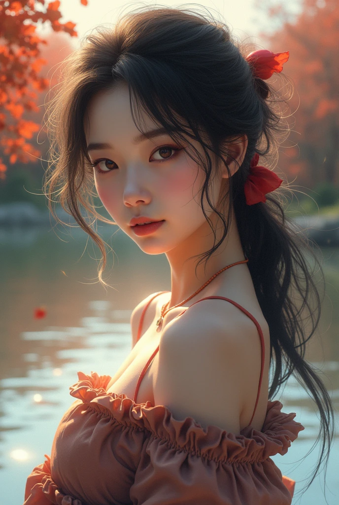 ((masterpiece)), ((Highest quality)), (Beautiful Japanese girl portrait), Eye for perfect detail, Face in perfect detail, Very elaborate nose, Open your mouth, ((Perfect muscle)), Perfect Teeth, Sharp body, Stuck clothes, Charm, Perfect Face, Dimples on cheeks, Depth of written boundary, High resolution, ((Incredibly realistic skin texture)), (Well-proportioned hands), Thin lips, Random color hair, Floating multicolored hair, Narrow waist, Autumn lake background