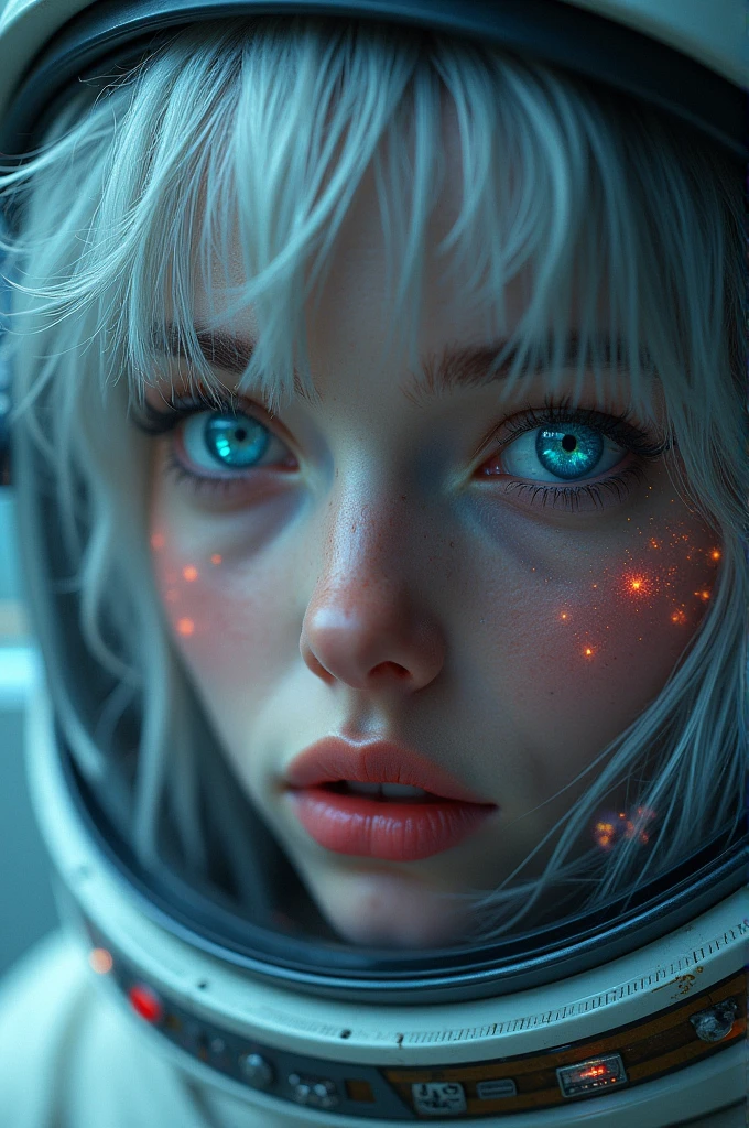 (Close-up of a better masterpiece: 1.5) 0.9], (Space and astronauts: 1.2) (Disheveled silver hair: 1.1) (Xanthochromia heterochromia and blue eyes: 1.2) (space helmet: 1.0) (colorful stars in the eyes: 1.0) (A radiant glow: 1.1) (thick lips: 0.9)