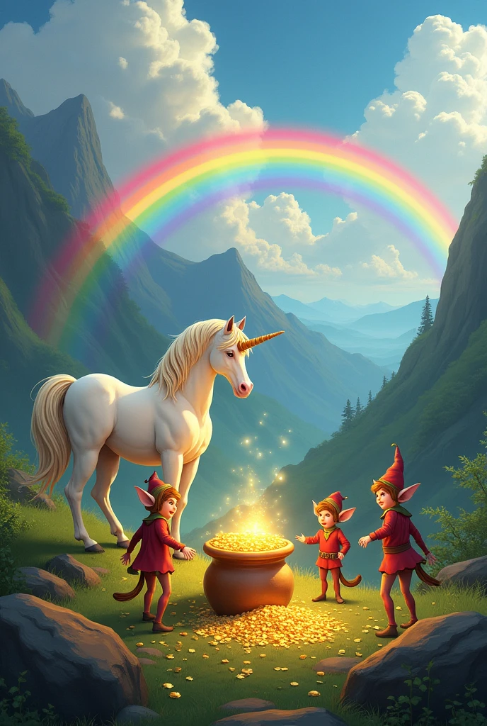 Rainbow brought together a pot of gold and elves on a mountain and behind a unicorn with