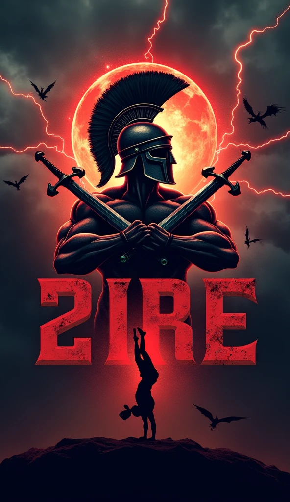 I want you to create a typical logo for an elite calisthenics athlete team..
To detail the idea The Logo Should have a Greek warrior helmet with 2 swords in front of it in X, The background will be like a dungeon of the underworld, dark and with flames that express lament, anger and fear. With Dragons Flying In The Distance And Thunder Falling With The Words Of "Team Dorios" In front of the logo, Big letters with blood that inspire respect and inspiration and in the lower part of the image I want you to put the words "Calistenia Y Street Workout" With Radiant Matte Colors, That Generate Respect, Motivation and Inspiration" And Below The Words Is A Completely Black Person Making A "Handstand "