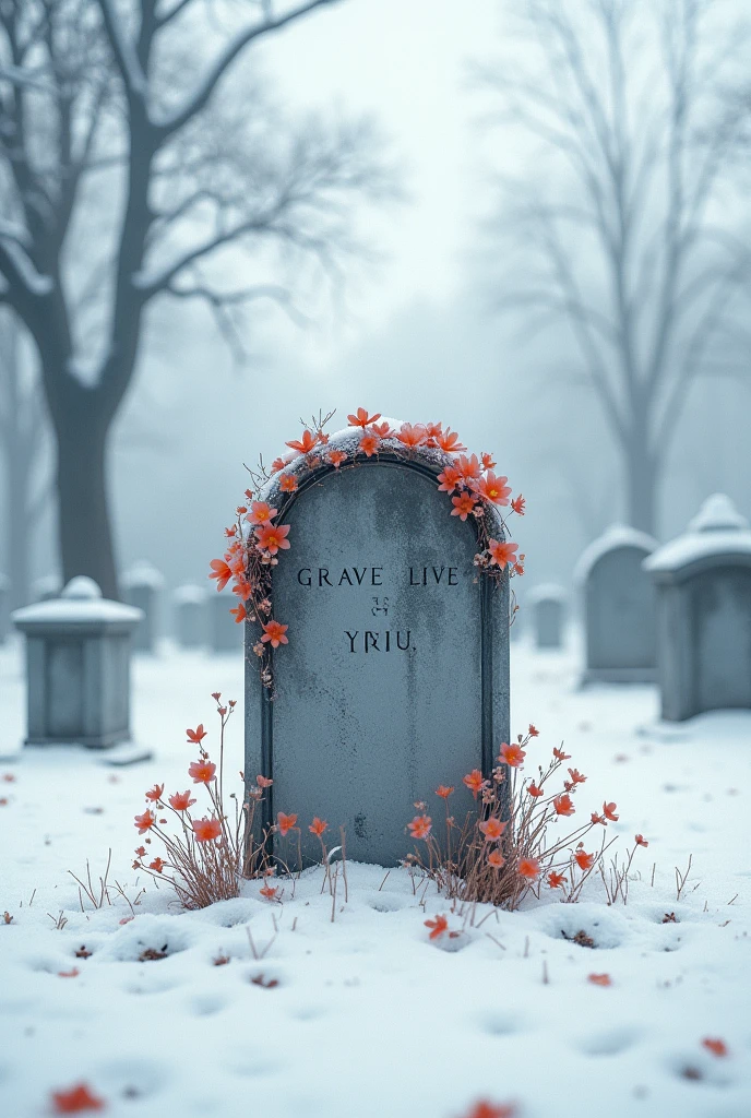 A cold morning in a cemetery and an untouched grave with the name clearly, with flower crowns