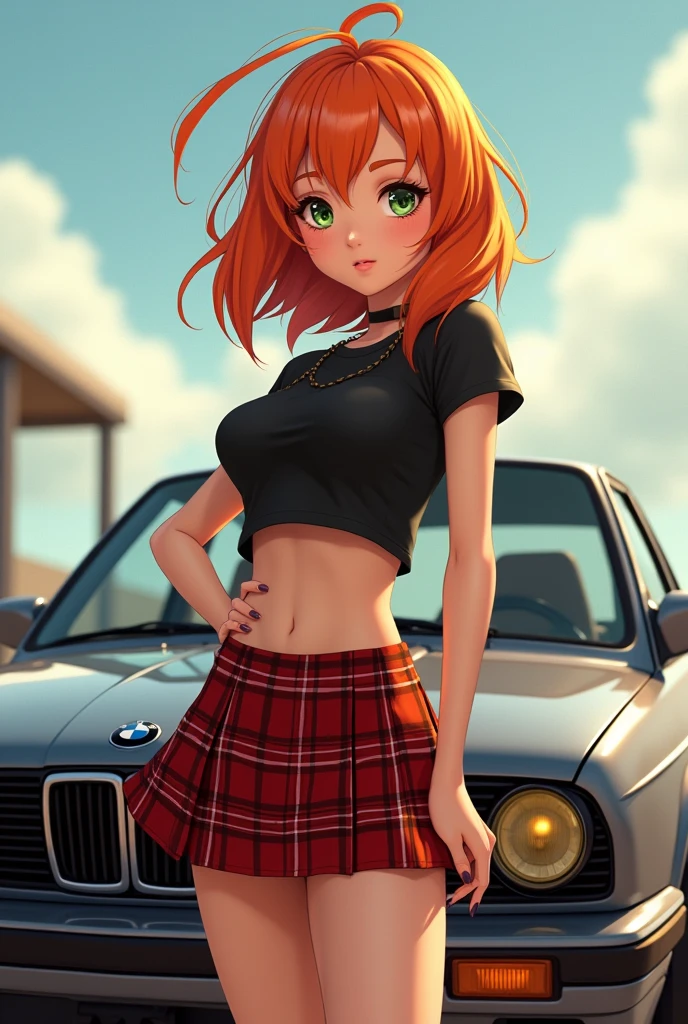 You can make an animated image of a tall girl 1.65 tall skinny white orange hair with dark brown green eyes posing for a photo next to her BMW M3 e30 car wearing a racing plaid skirt and a nice black crop top 