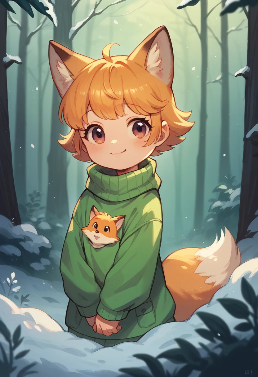 a little peach color ,Fox cub, fox cub Small , in a winter forest, alone, animal focus, Little puppy, non-human, Little,Fringe, puppy,It would look cute,focus anima