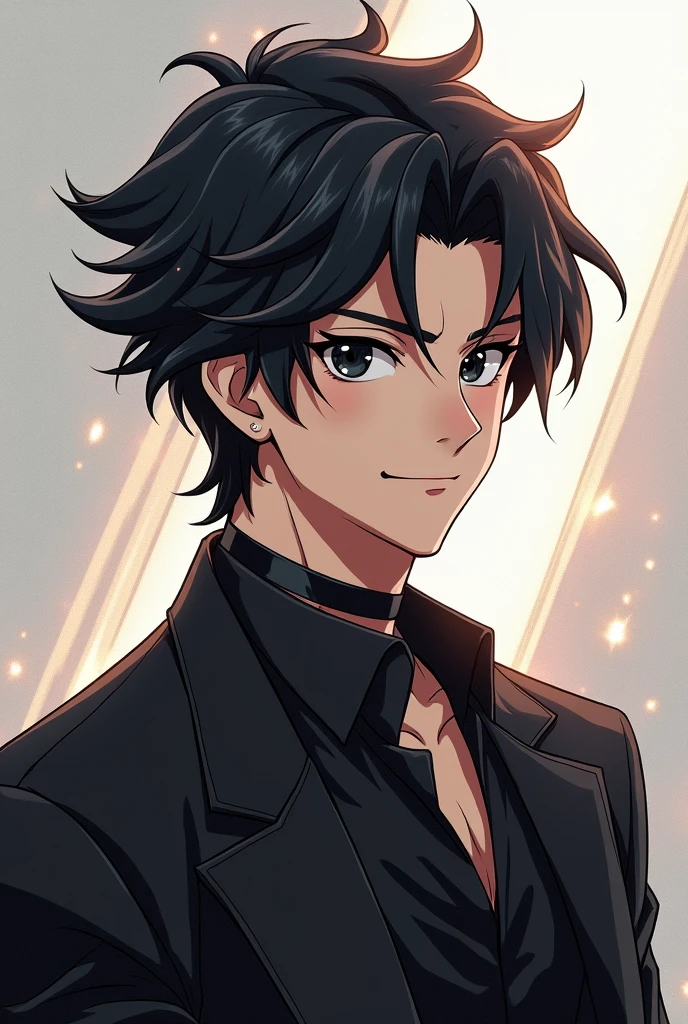 Create a picture of Strong Male Anime with black hair and black eyes makes him smile