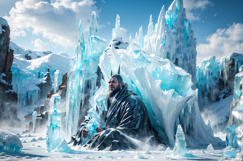 (Good structure),High dynamic range,ultra high definition,8k,gigante de ice,giant clan, barba, cloud, cloudy sky, day, facial hair, ice, male focus, Mountain, muscular, Muscular male,half buried in the ground,Covered in ice,Frozen in the body,shoulder armor,iceberg, outdoor, pectorals, pointy ears, rock, scar, sky, snow, Alone, splash, waterfall, by white,Incomplete body