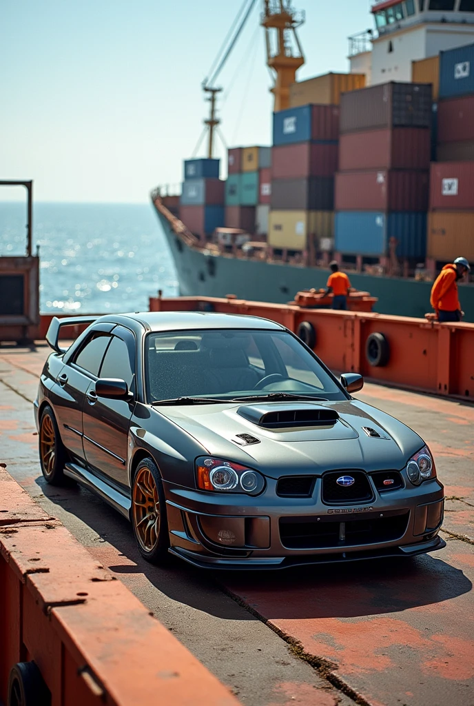 A gray 2006 Subaru Impreza WRX on a cargo ship bound for Venezuela