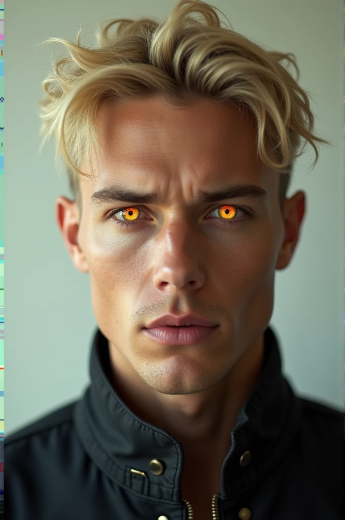 A short-haired blond man with bright gold eyes 