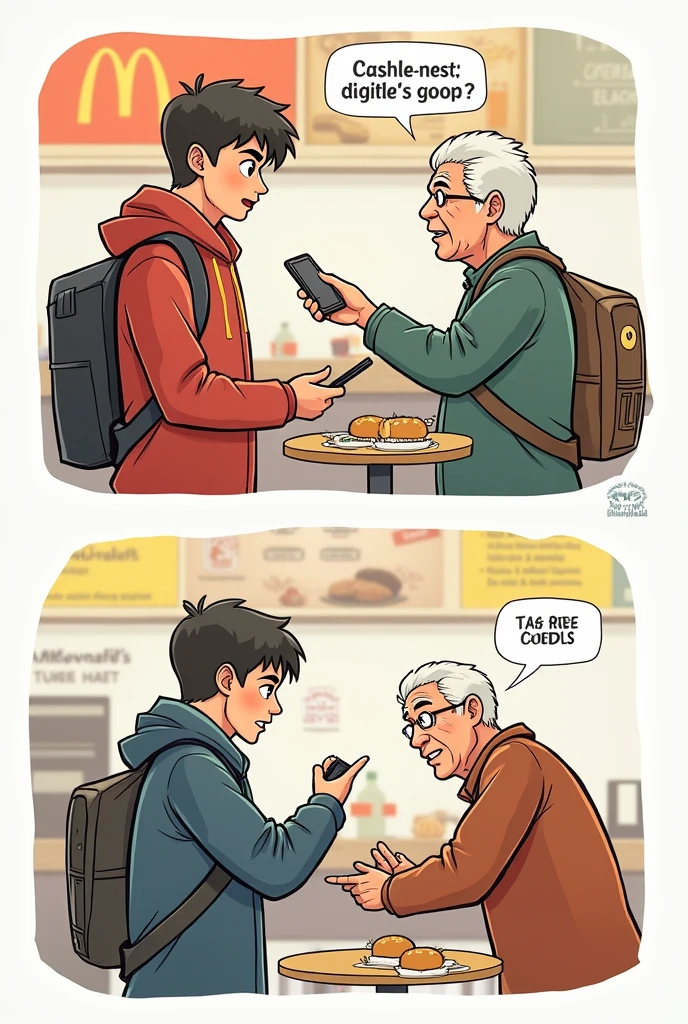 COMIC STRIPS. Draw/ Illustrate two (2) comic strips that show conflicts between digital natives and digital immigrants about cashless payment at McDonald's, the customer is senior citizen and not much aware of new mode of payment is by tapping or inserting the card to the pinpad
