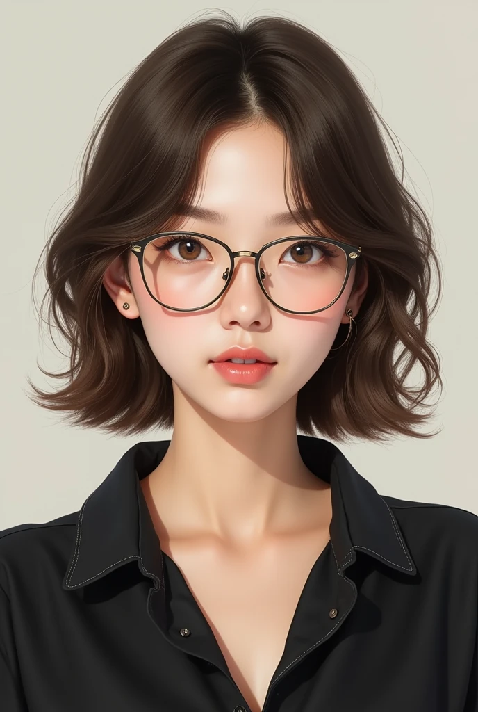 Can you create for me?, a realistic korean woman, with light brown eyes, light brown shoulder length hair, wearing glasses and a black blouse