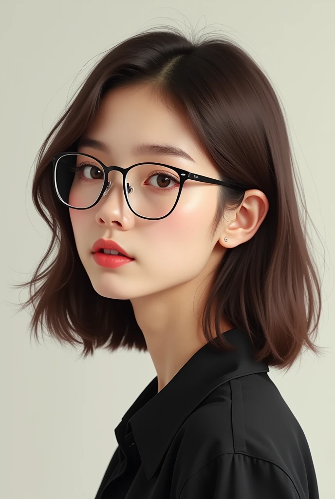 Can you create for me?, a realistic korean woman, with light brown eyes, light brown shoulder length hair, wearing glasses and a black blouse