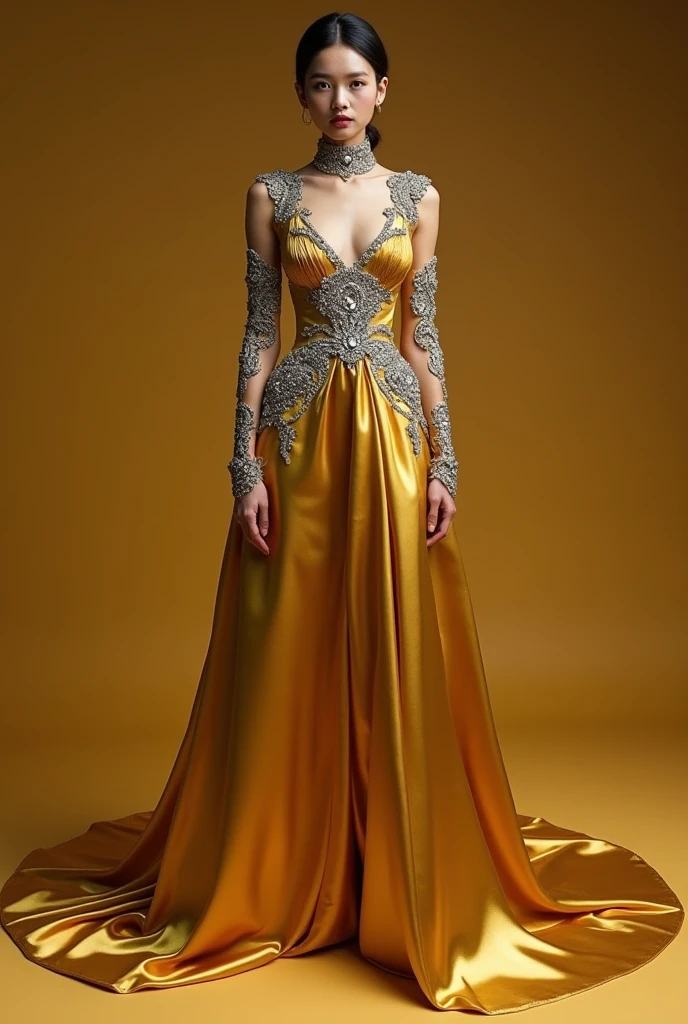 Create a long gold dress with silver details that has a turtleneck and a completely bare back, as well as a leg with sleeves up to the shoulders like a T-shirt.