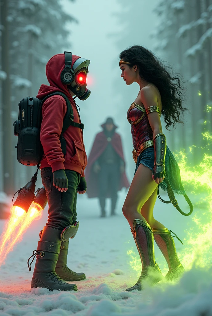 Kid with red hoodie, headphones, star-lord helmet, gas helmet, covered mouth, round red eyes, Red eyes, rocket boots, Vs, wonder woman, big breasts, Fighting, power, fiction, full body, fire in boots, poweful spells, realistic, 2 person, flying, green flames, , winter, full scene, lasso of truth, Doctor Strange, 3 person