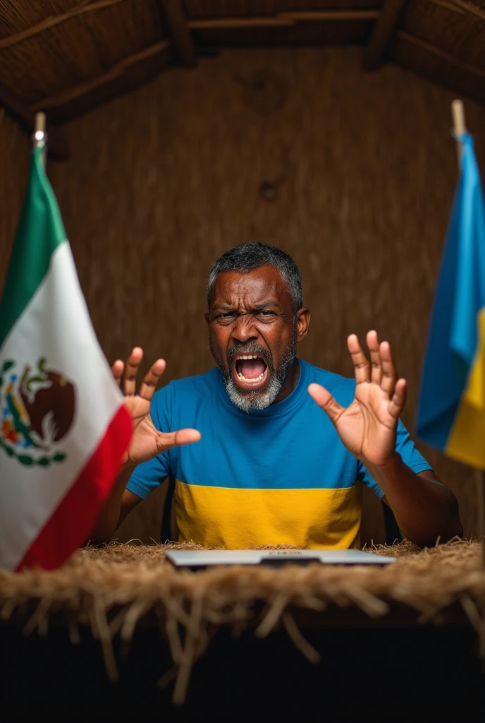 African man from Mexico yelling angry at computer with an Ukraine flag and T Shirt in a straw hut