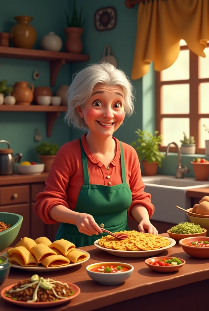 Grandma making Mexican snacks, tacos, soups, Tostadas, tamales disney