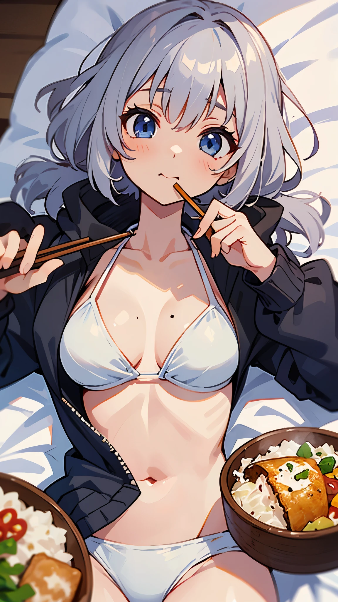 One Girl、solo、(Silver Hair、blue eyes、White bikini wear、Wearing a black jacket、Lying on the futon、Eat katsudon、Holding chopsticks)、Upper body close-up