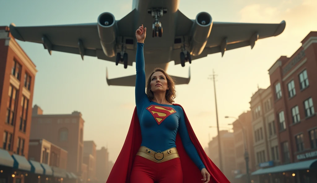 (((very sexy beautiful and strong old Supergirl (((1984s costume))) Julie Hagerty(((Dark hair))) Super old woman Julie Hagerty; confident, powerful, indestructible, attractive; big and firm chest; strong breasts, confident and powerful, with an attractive and indestructible physique, large and firm breasts, effortlessly lifting a fighter plane on the street, fighter plane raised above your head, highly detailed, photorealistic, 8k, HDR, cinematic lighting, fantasy, DC comics