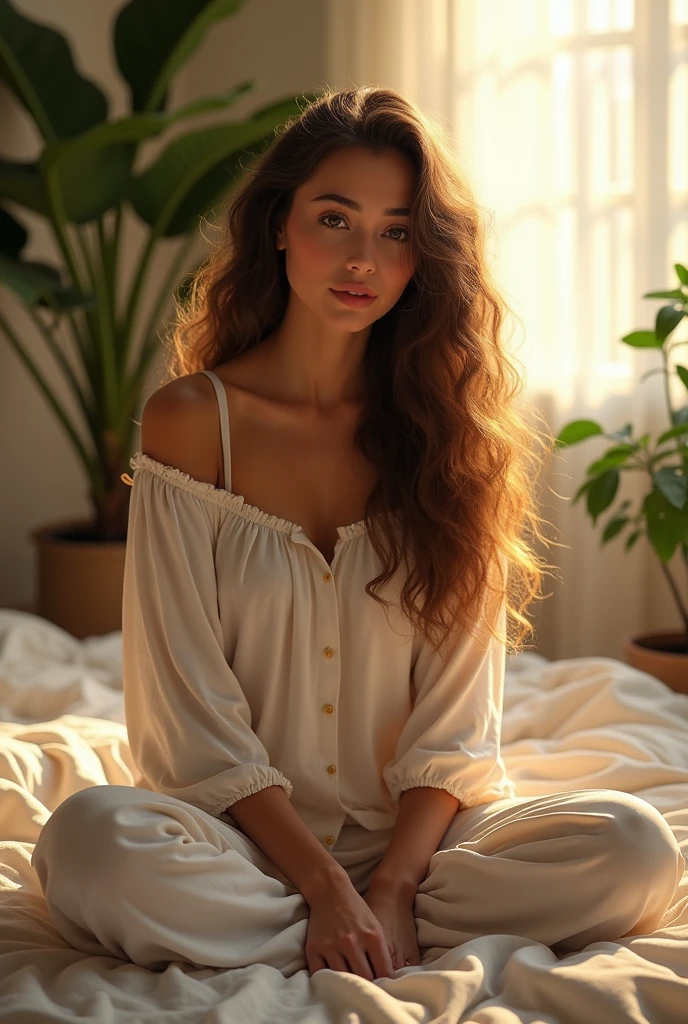 (photorealism:1.2), beautiful woman, sitting on bed, wearing loose off-shoulder top, pajama pants, long curly hair, indoors, soft lighting, plants in background, window with sunlight, cozy room, relaxed pose, realistic, intricate details, warm colors, by Greg Rutkowski, by Alphonse Mucha