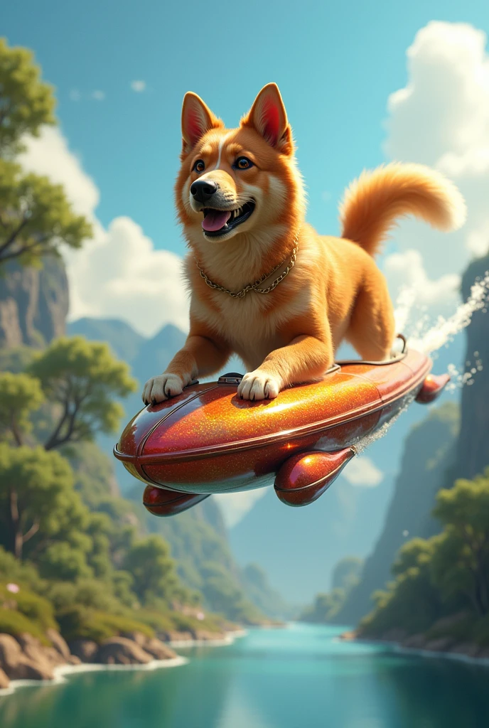 Dog flying with beautiful shiny pedal boat