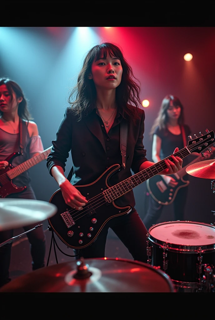 intricate dramatic real-life Japanese female rock band, female drummer, live performance, first-person live footage, high-quality, photorealistic, 8k, cinematic lighting, dynamic composition, vivid colors, dramatic lighting, cinematic angles, dramatic poses, expressive facial features, detailed clothing and accessories, ultra-detailed, masterpiece, professional photography