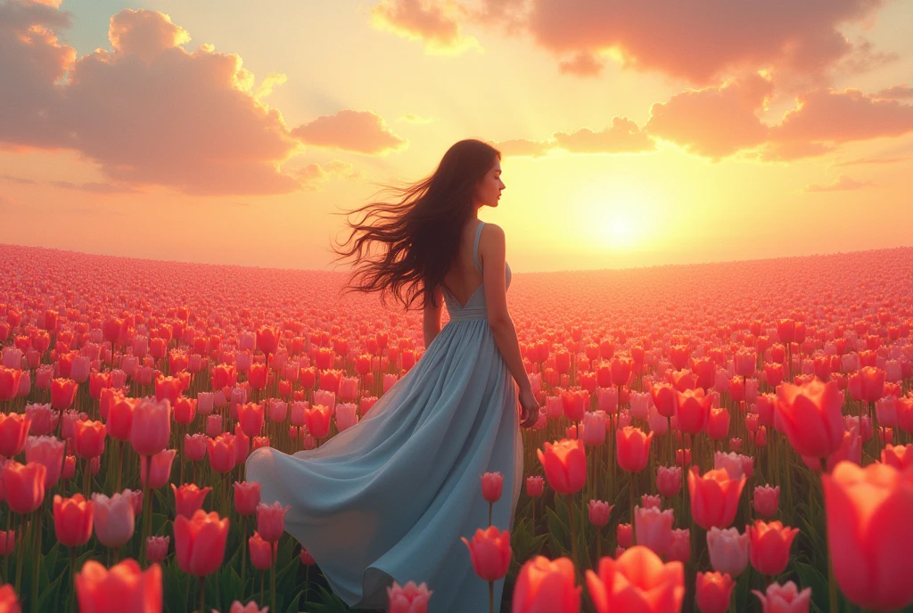  vast tulips field with plumeria flowers during sunset, a lady with long black and wavy hair wearing baby blue dress