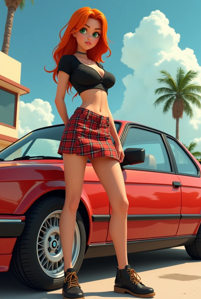 You can make an animated image of a tall girl 1.65 tall skinny white orange hair with dark brown back length green eyes posing for a photo next to her BMW M3 e30 car wearing a racing plaid skirt and a nice black crop top 