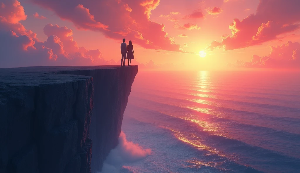 A surreal scene where the couple is standing on the edge of a cliff, overlooking an endless ocean. The sky is painted with vibrant hues of orange and purple, symbolizing their shared journey.
