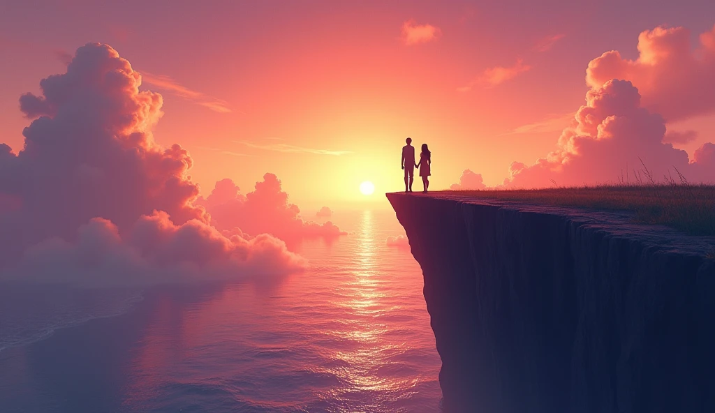 A surreal scene where the couple is standing on the edge of a cliff, overlooking an endless ocean. The sky is painted with vibrant hues of orange and purple, symbolizing their shared journey.