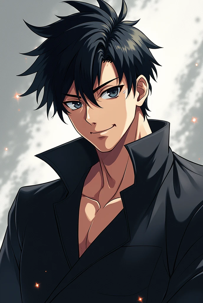 Create a picture of Strong Male Anime with black hair and black eyes makes him smile