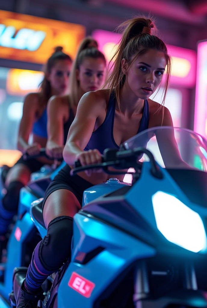 3 gym girls riding on an arcade motorcycle game