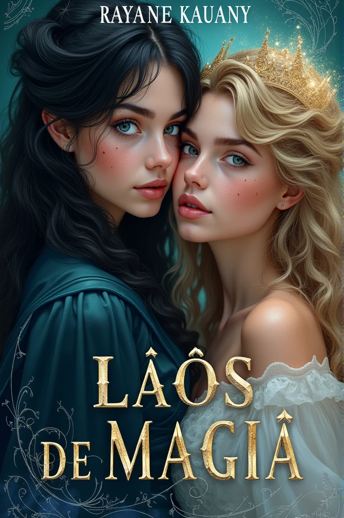 Create a book cover with two female twins. One of them is a witch, with black hair, blue eyes and white skin. She has a mole on her face and should have stronger, more striking features., highlighting her witch nature. The other woman is a princess, with light blonde hair, with side swept, blue eyes and tanned skin. She has a scar on her cheek and should be portrayed with gentler, more delicate features.. The title of the book is &#39;Laços de Magia&#39; and the author&#39;s name is Rayane Kauany. The cover should reflect a magical and mysterious tone